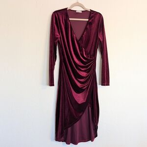 HUHOT Hide Tummy Ruched Velvet Burgundy Bodycon Long Sleeve Dress Vamp Romantic